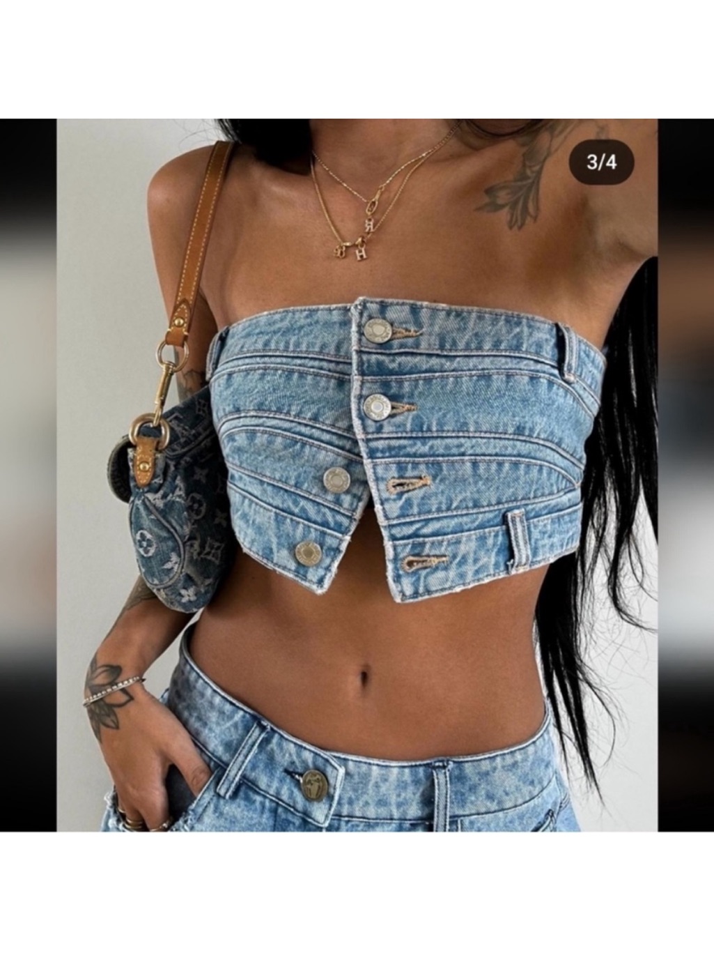 Zara Denim Button-Front Strapless Crop Top